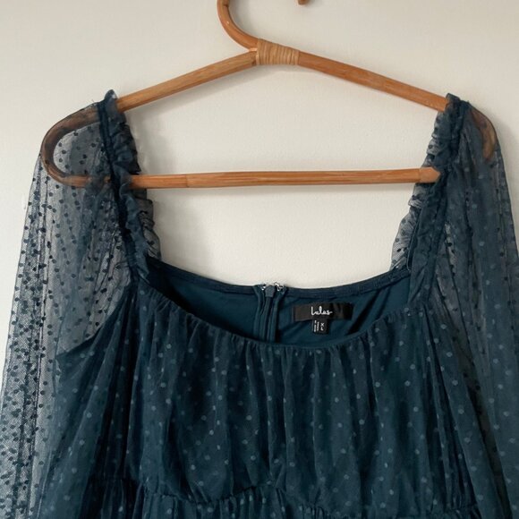 Lulu's Dreamy Sweetness Dark Teal Swiss Dot Ruffled Mini Babydoll Dress $59 - Picture 9 of 10